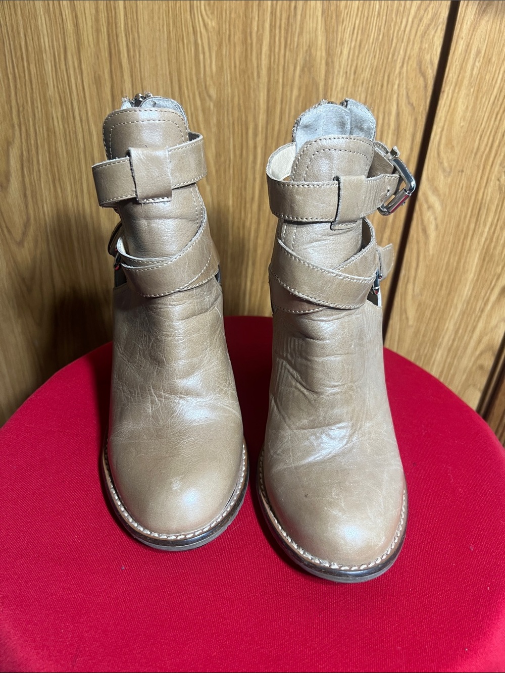 RUDSAK Taupe Leather Buckle Strap Ankle Boots